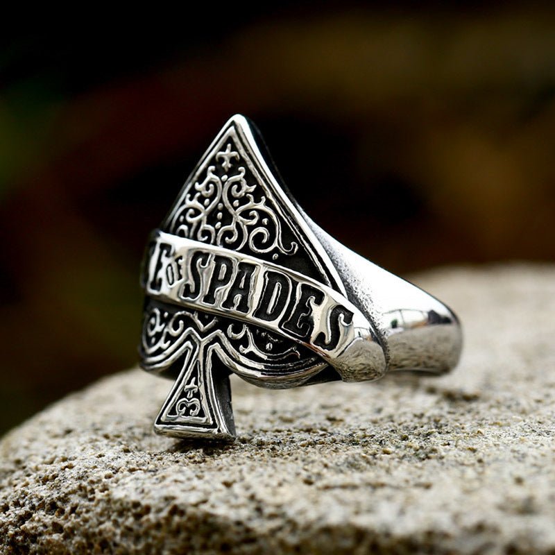 Titanium Steel Men's Ring with Retro Poker Heart of Spades Motif