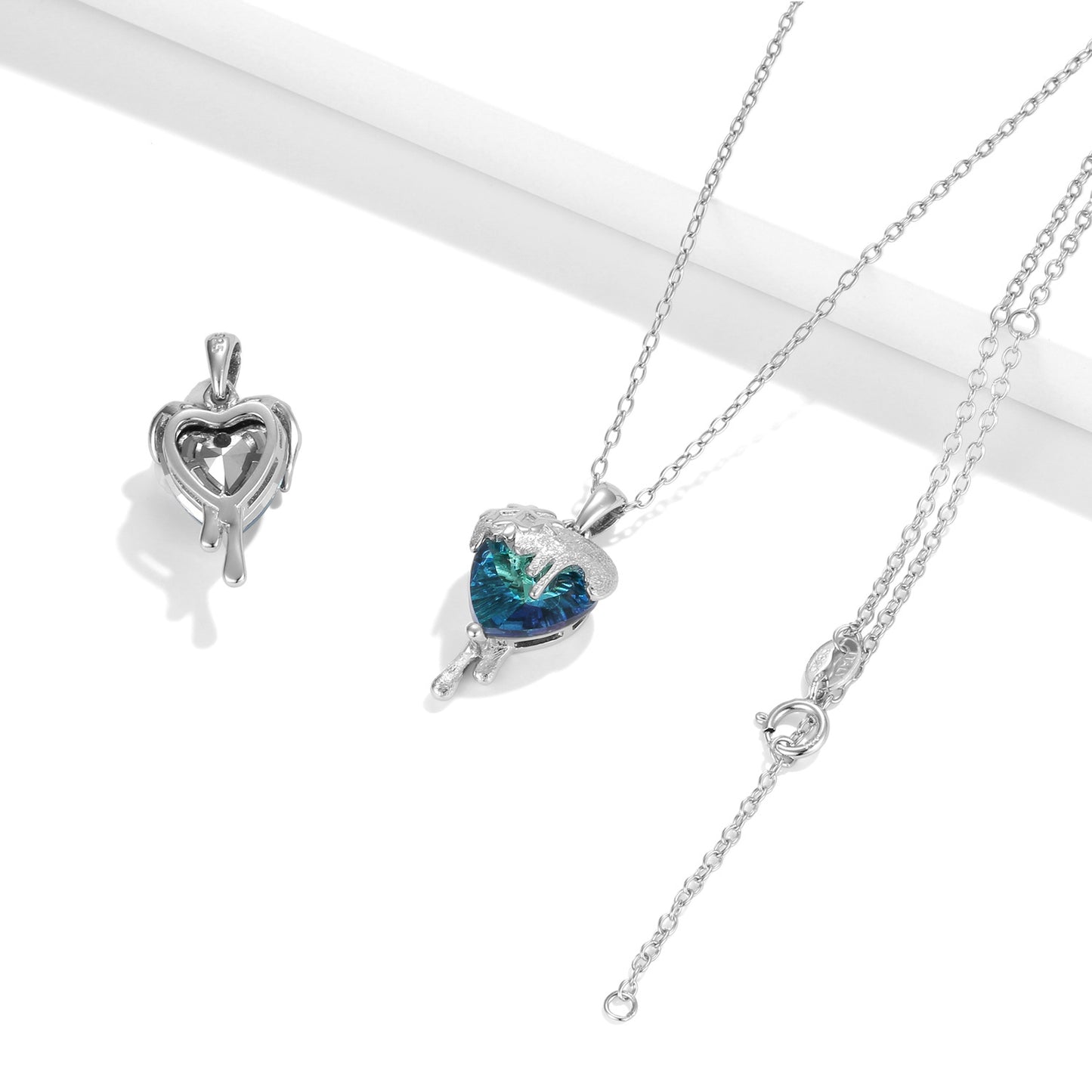 Snow Melting Design Heart Shape Blue Zircon Pendant Silver Necklace