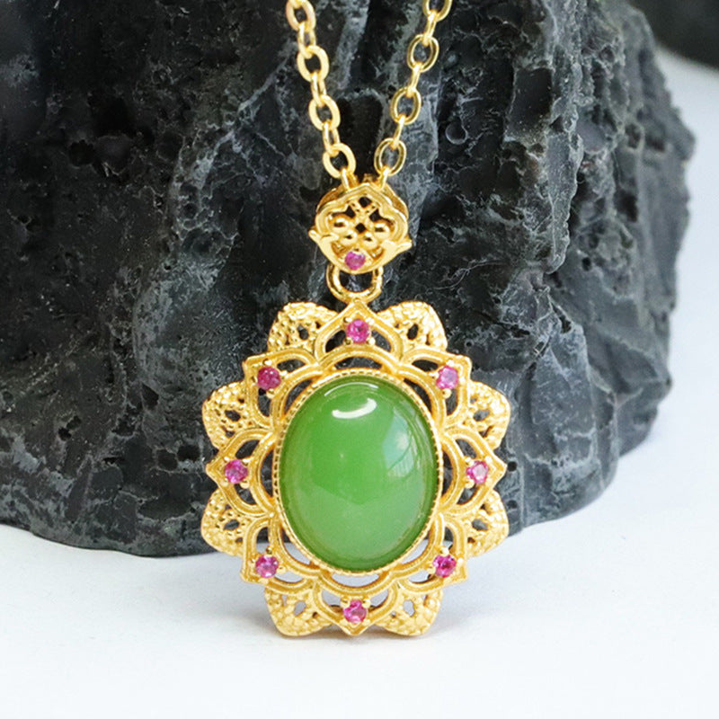 S925 Sterling Silver Floral Pendant with Natural Jade and Jasper Zircon Necklace