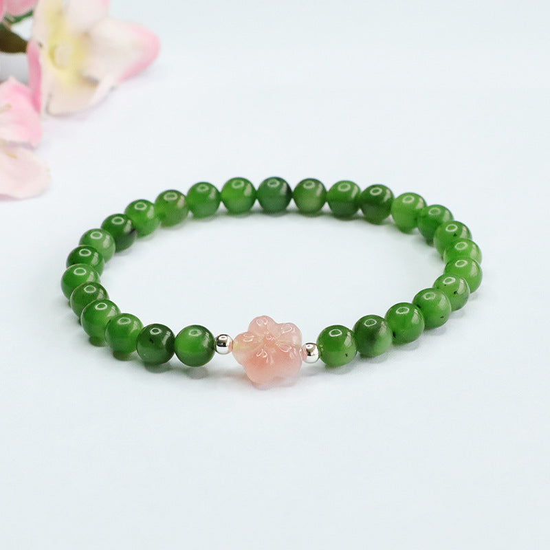 Hetian Jade and Agate Flower Jasper Bracelet with Sterling Silver Charm