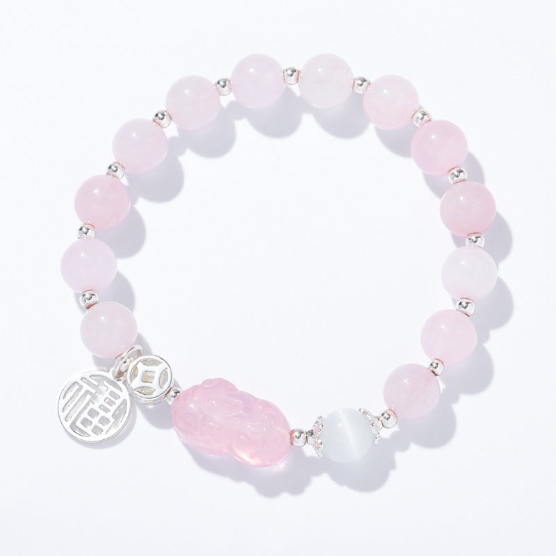 Fortune's Favor Pink Quartz Pixiu Crystal Bracelet - Sterling Silver Stacking Beaded Bracelet