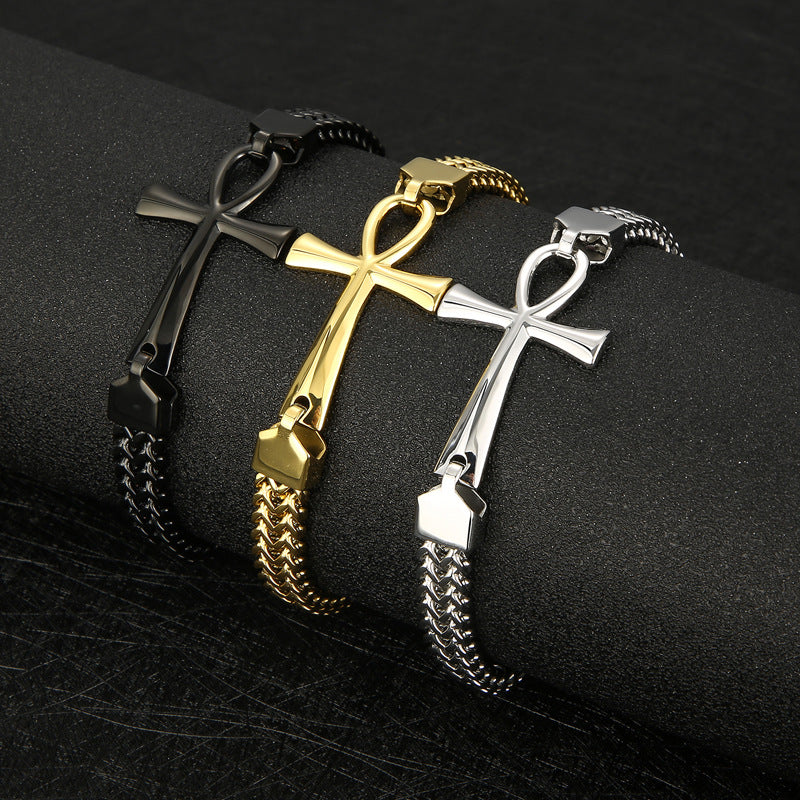 Vintage Double Row Braided Chain Bracelet with Ancient Egyptian Cross for Men, Rock Hip Hop Style in Titanium Steel