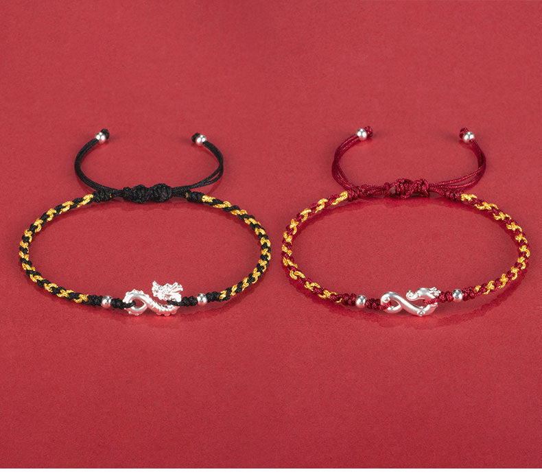 Ruyi Dragon Zodiac Silver Bracelet with Red and Black Woven Rope