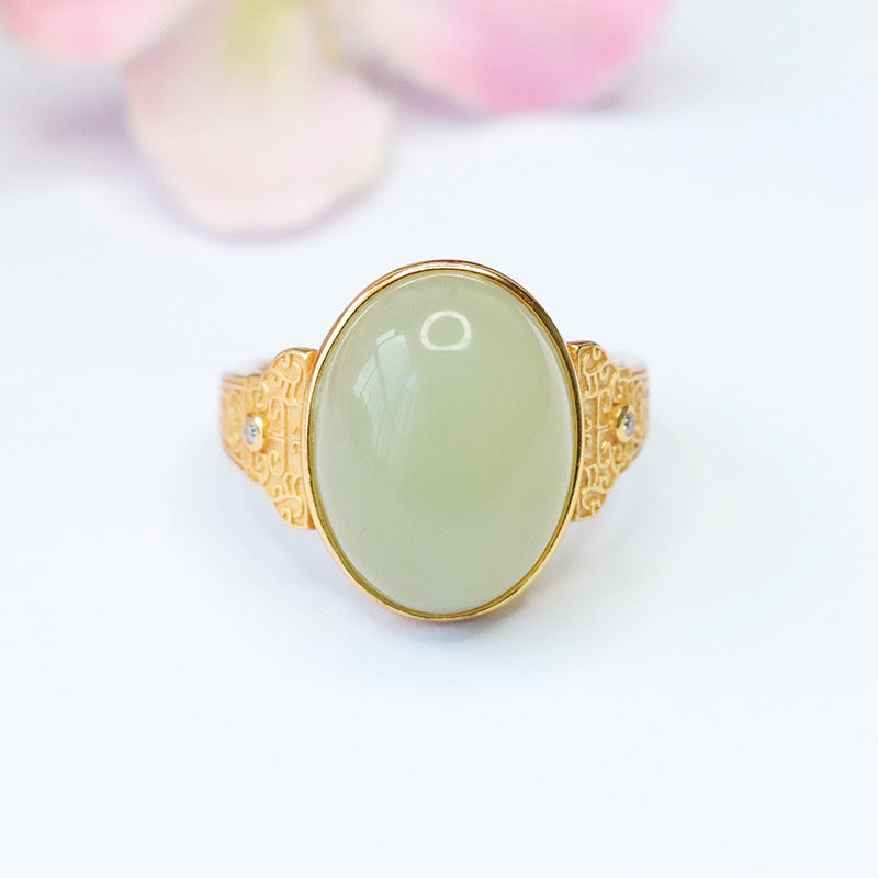 S925 Sterling Silver Adjustable Ring with Natural Hotan Jade Cloudscape Pattern