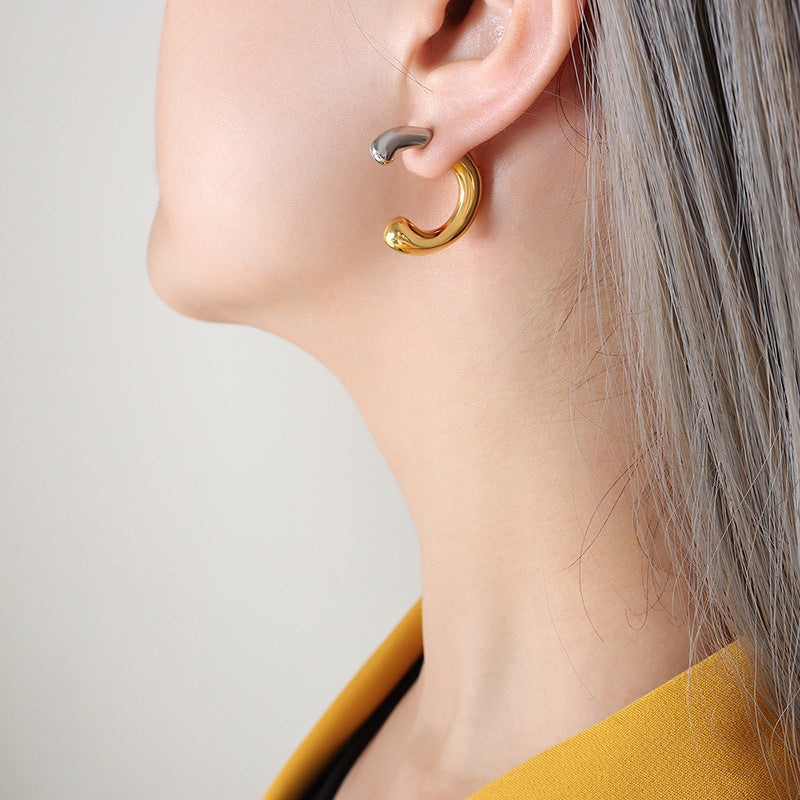 Chic Titanium Steel C-Shaped Earrings with Unique Two-Tone Stitching