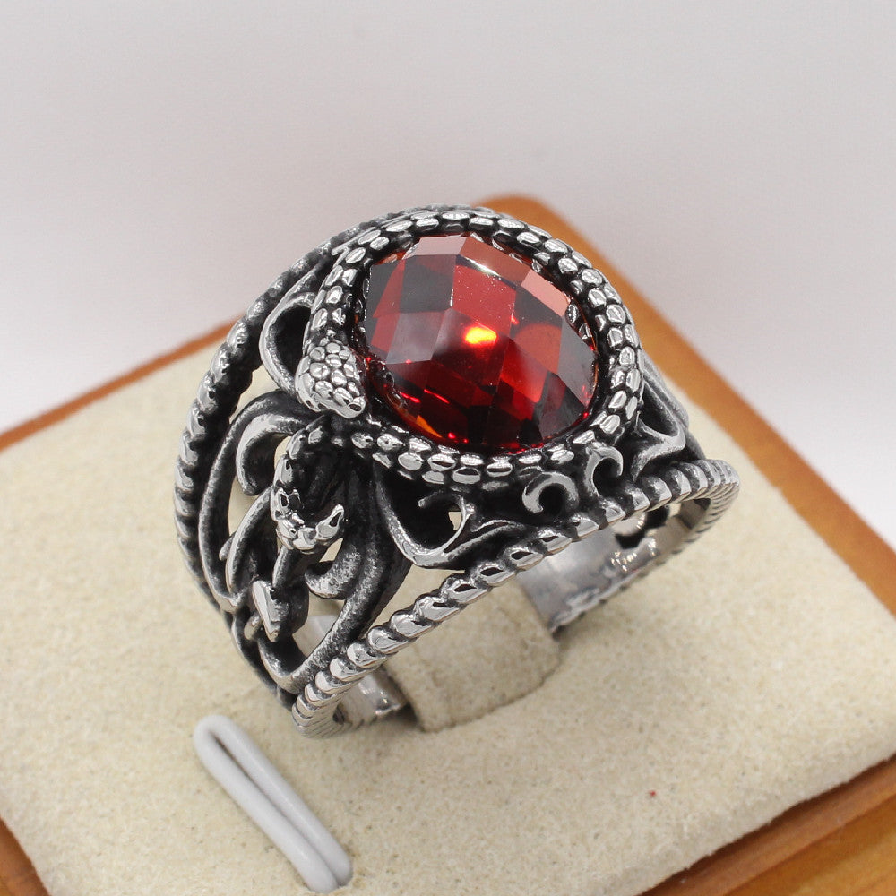 Stylish Men's Titanium Steel Ring with Retro Hollow Stone Design for European and American Markets