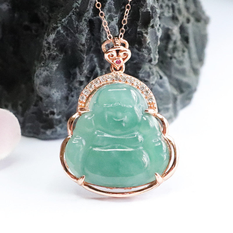 Ice Blue Green Buddha Fortune Necklace with Zircon and Jade in S925 Silver