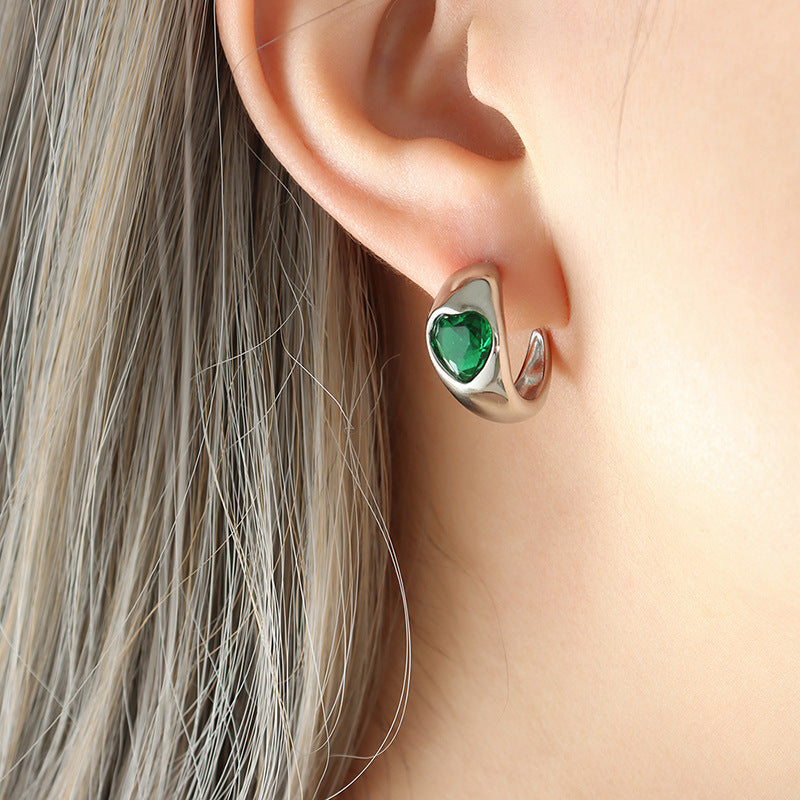 Green and White Glass Stone Love Earrings with 18k Gold Plating