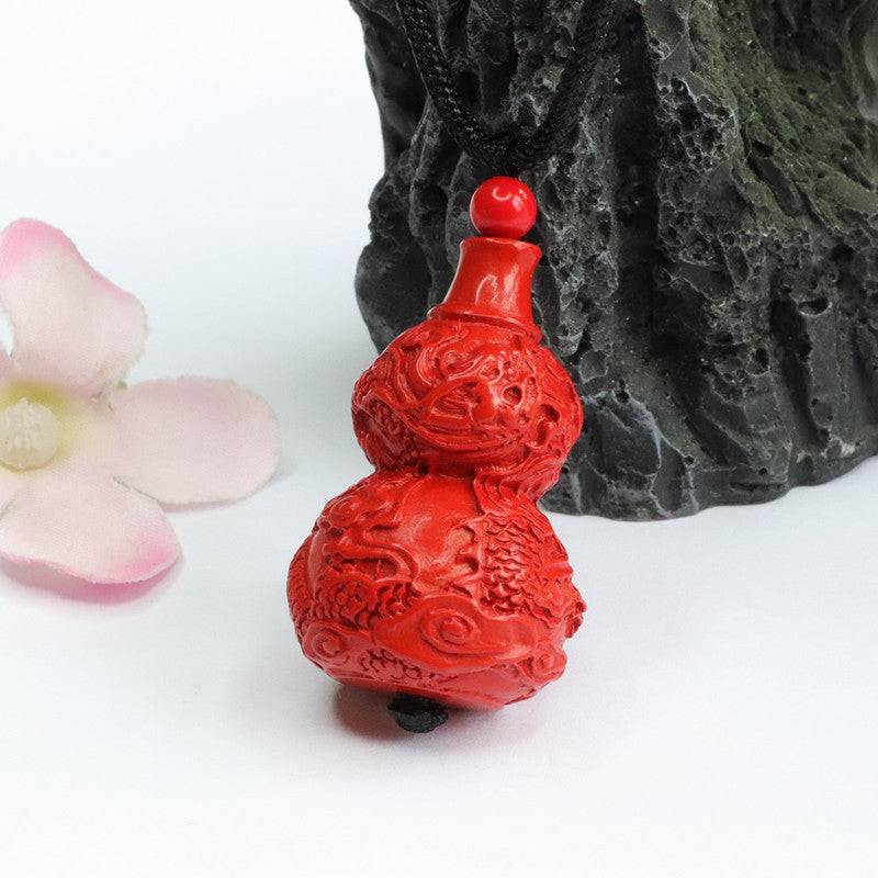 Dragon Carved Gourd Vermilion Sand Pendant with Red Sand Jewelry