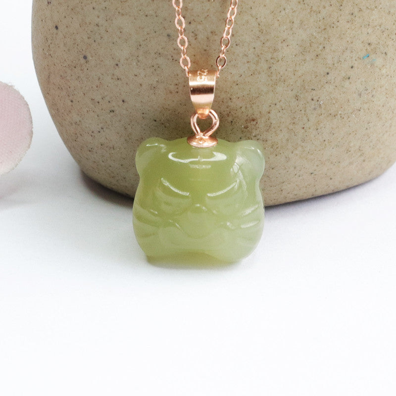 Sterling Silver Hetian Jade Tiger Head Necklace - Fortune's Favor Collection