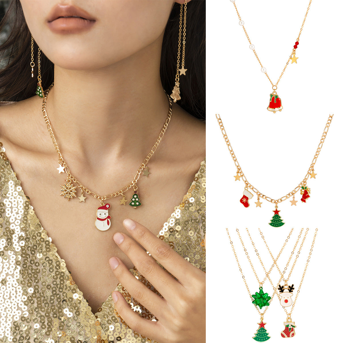 Unique Christmas Tree Snowman Necklace with Imitation Pearl Detail for Women