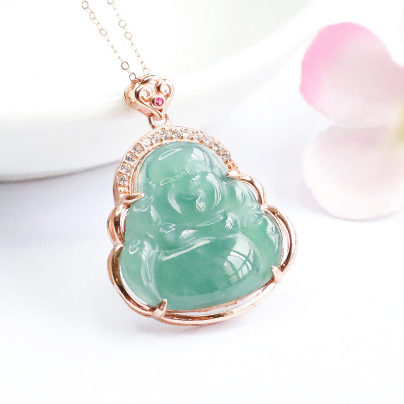 Ice Blue Green Buddha Fortune Necklace with Zircon and Jade in S925 Silver