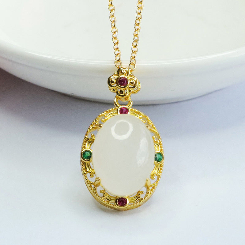 Elegant Natural Hetian Jade and Zircon Clover Necklace with Oval Pendant