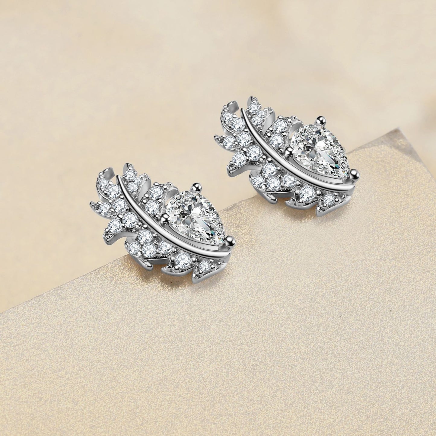 Pear Shape Zircon Feather Sterling Silver Stud Earrings