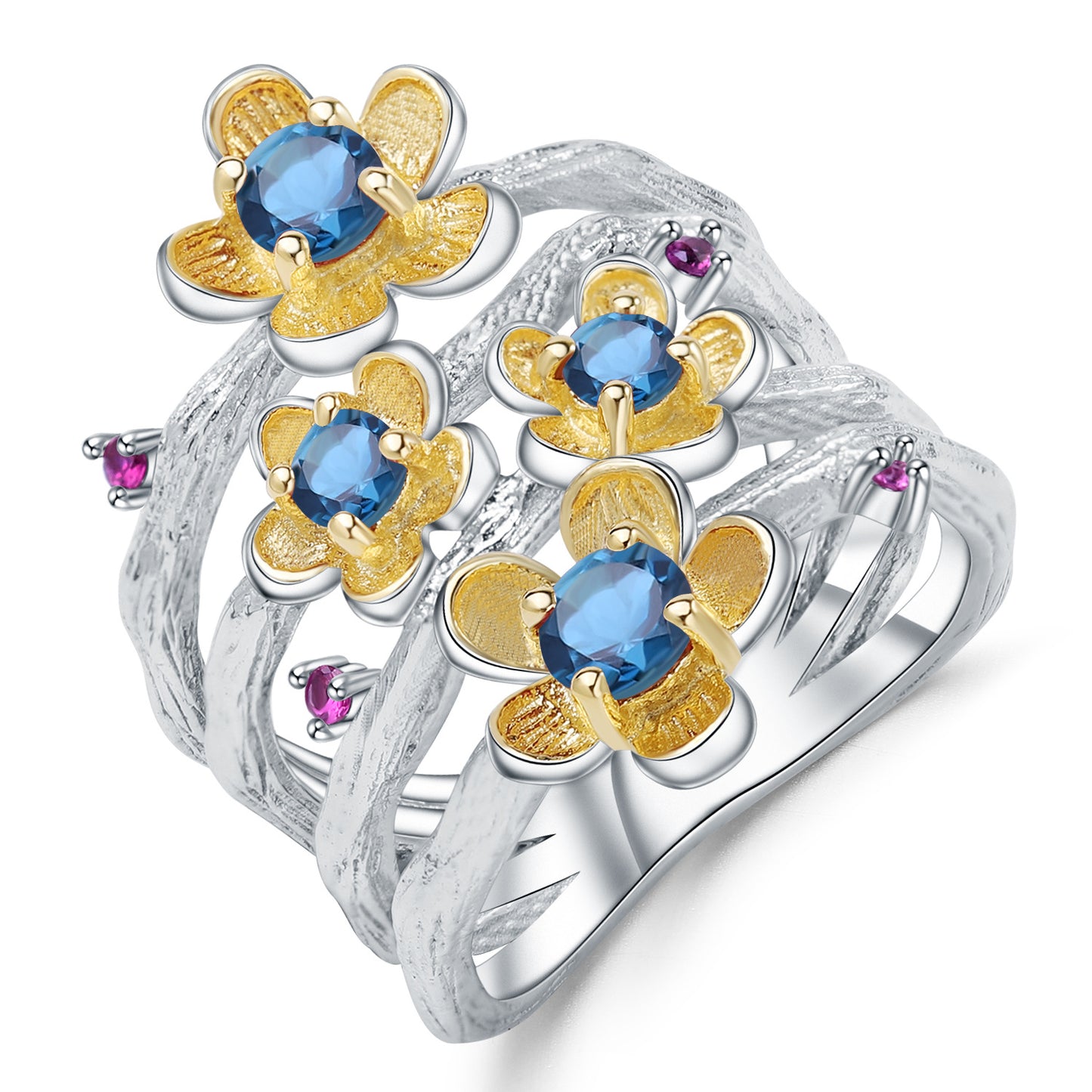 Four Layers Split Shank Golden Flowers Natural Gemstones Silver Ring