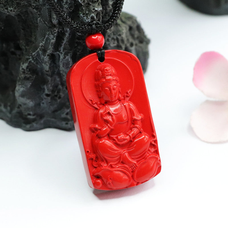 Lotus Guanyin Cinnabar Pendant with Red Sand Design