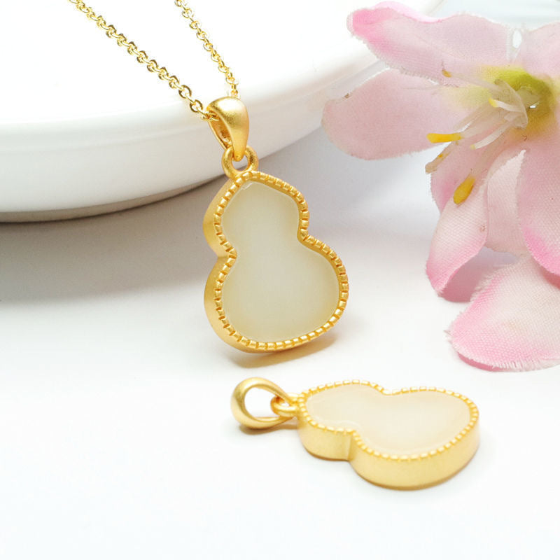 Golden Necklace with Natural Hetian Jade White Gourd Pendant Jewelry