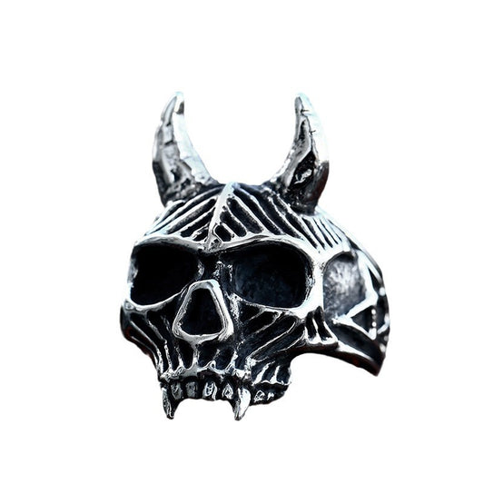 Stainless Steel Horn Skull Ring for Men - Wholesale Cross-Border Supply for Europe and America