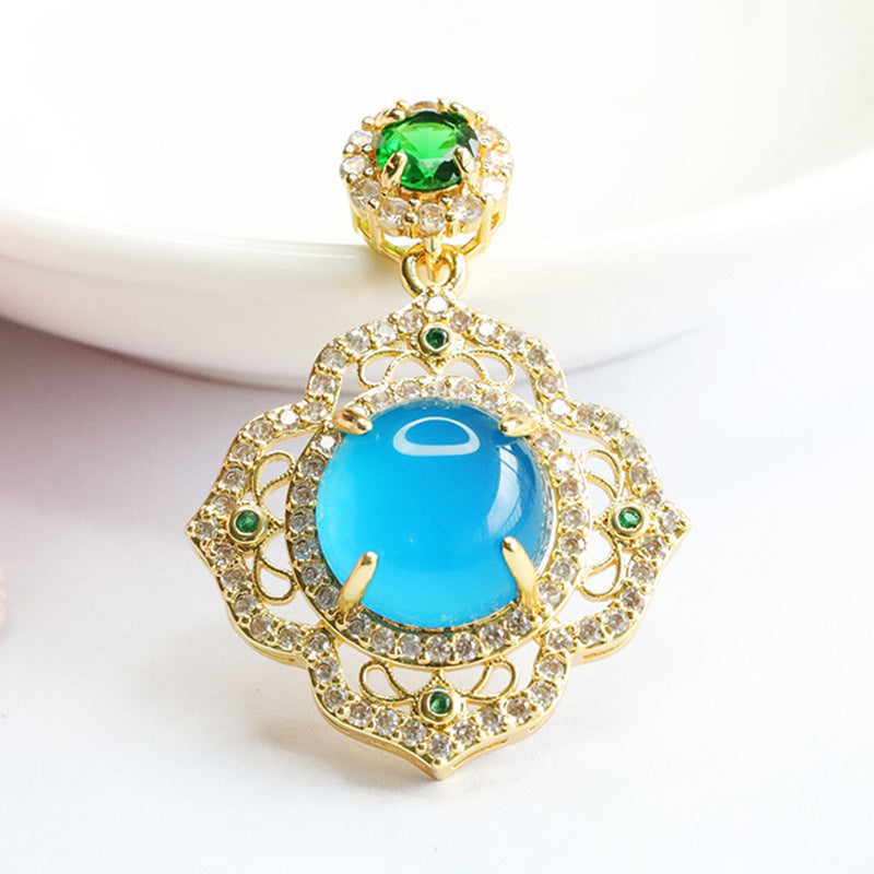 Round Blue Chalcedony Hollow Petal Pendant Female Retro