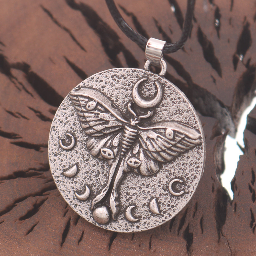 Butterfly Skull Pendant Necklace with Moth Moon Totem - Men's Retro Zinc Alloy Jewelry