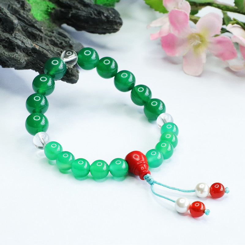 Green Chalcedony and White Crystal Red Agate Sterling Silver Bracelet