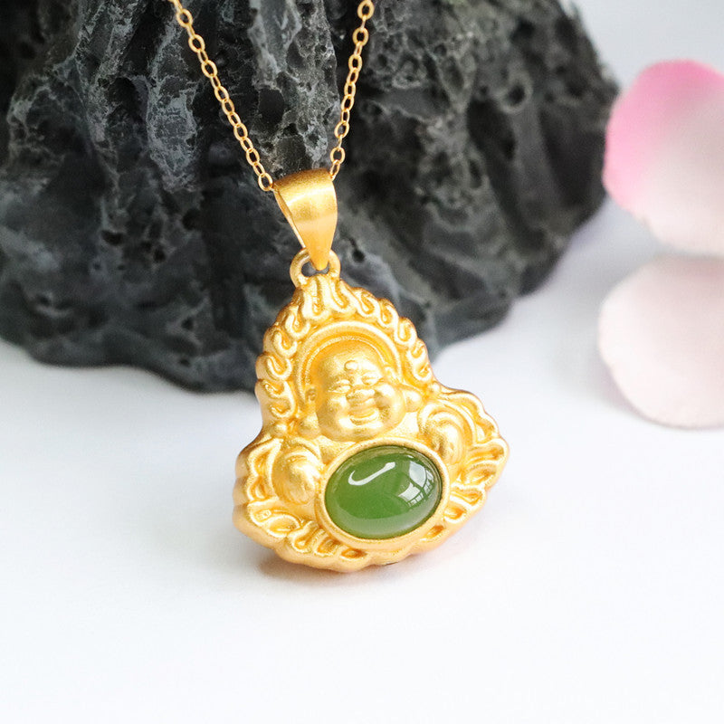 S925 Sterling Silver Hetian Jade Oval Jasper Buddha Necklace Jewelry