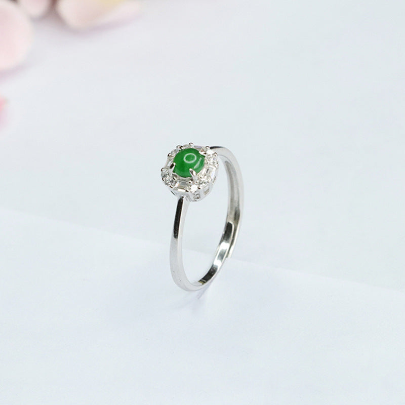 Sterling Silver Adjustable Ice Emperor Green Jade Zircon Ring