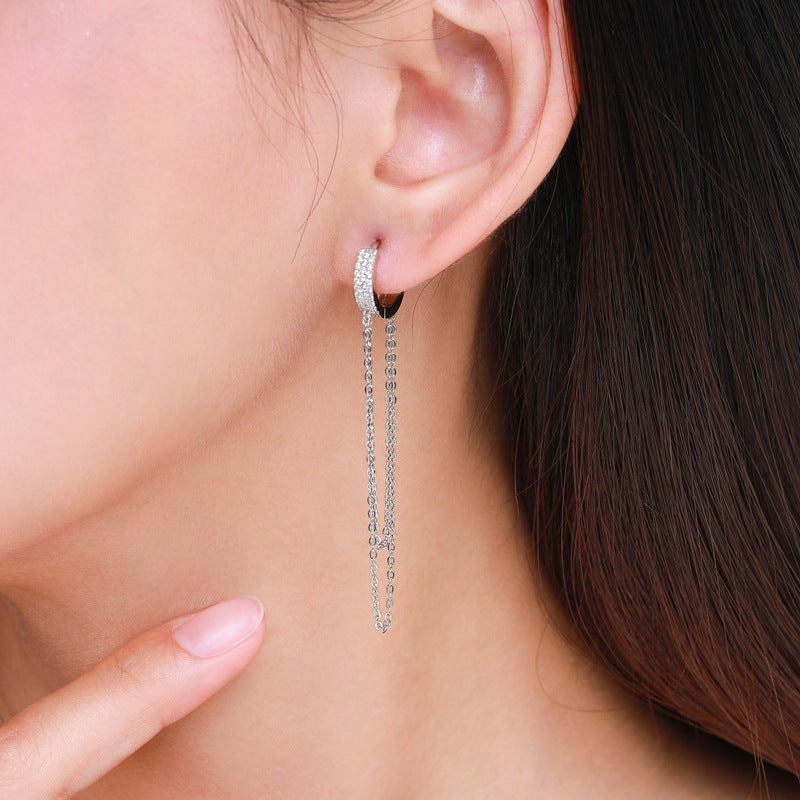 S925 Sterling Silver Long Tassel Earrings with Zircon Gems