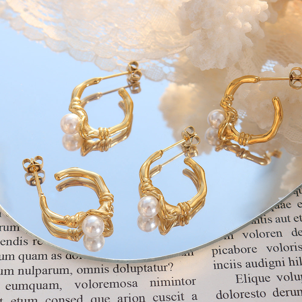 Korean Inspired Pearl Inlay Gold-Plated Titanium Steel Earrings