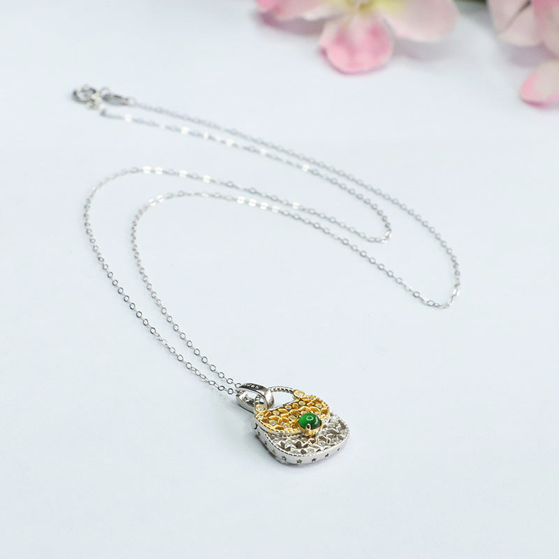 S925 Sterling Silver Jade Zircon Hollow Bag Necklace with Ice Emperor Green Jade