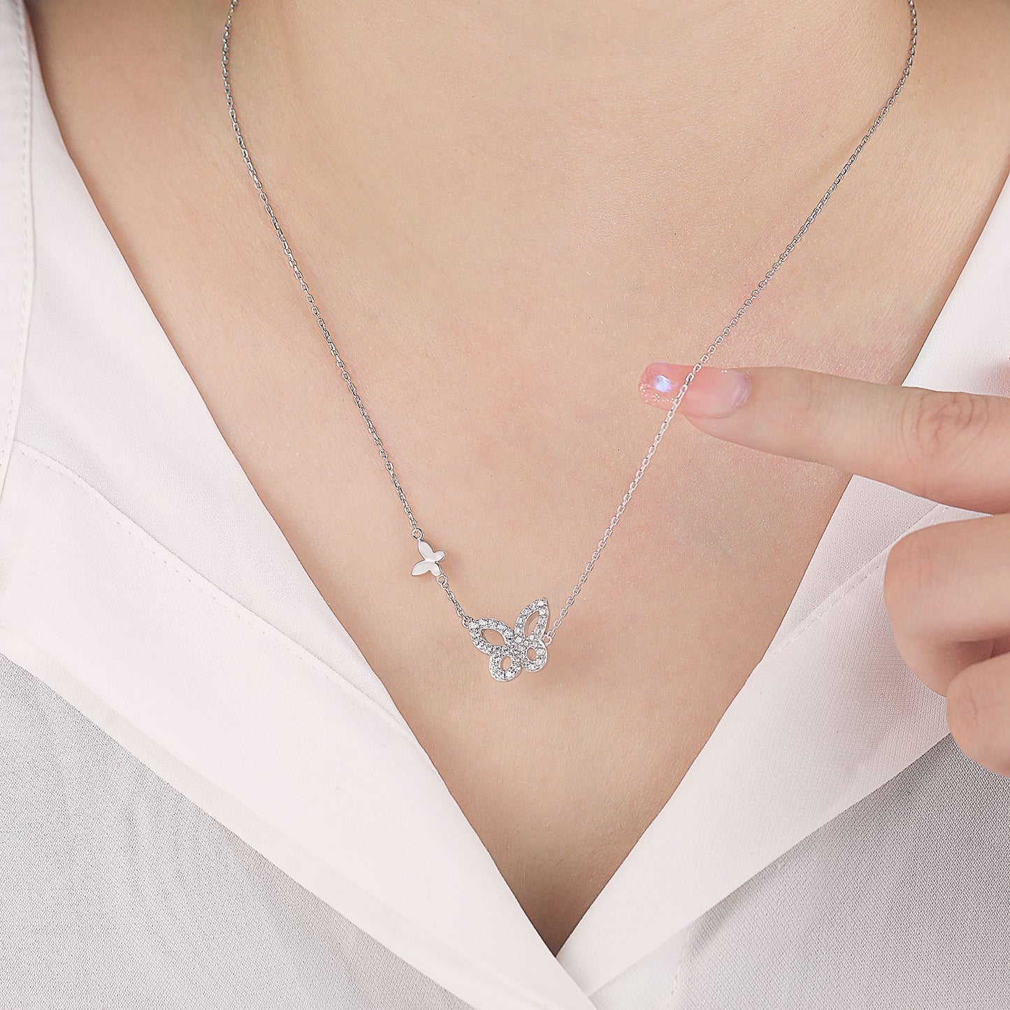 Hollow Zircon Butterfly Pendant Sterling Silver Necklace