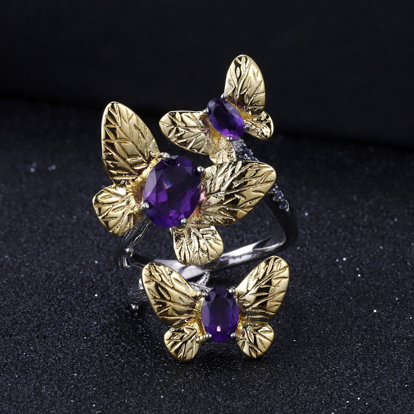 Flying Golden Butterfly Natural Gemstones Opening Silver Ring.