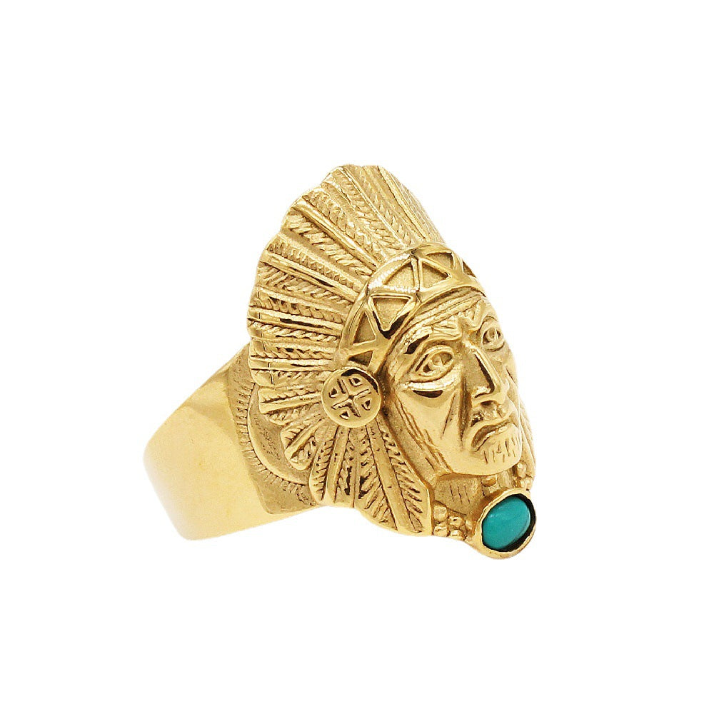 American Indian Chief Green Stone Titanium Steel Ring for Men