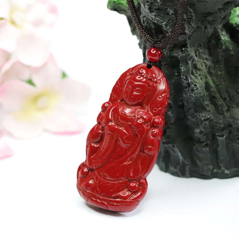 Standing Guanyin Pendant with Cinnabar Stone