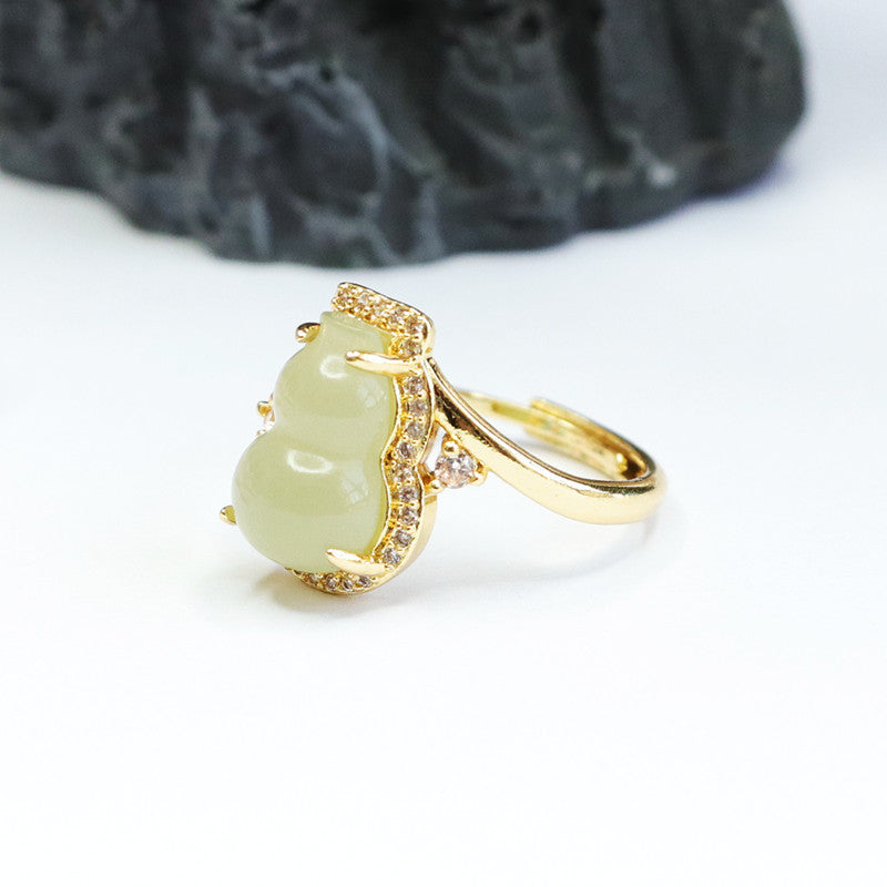 Elegant Hotan Jade Gourd Zircon Ring Jewelry