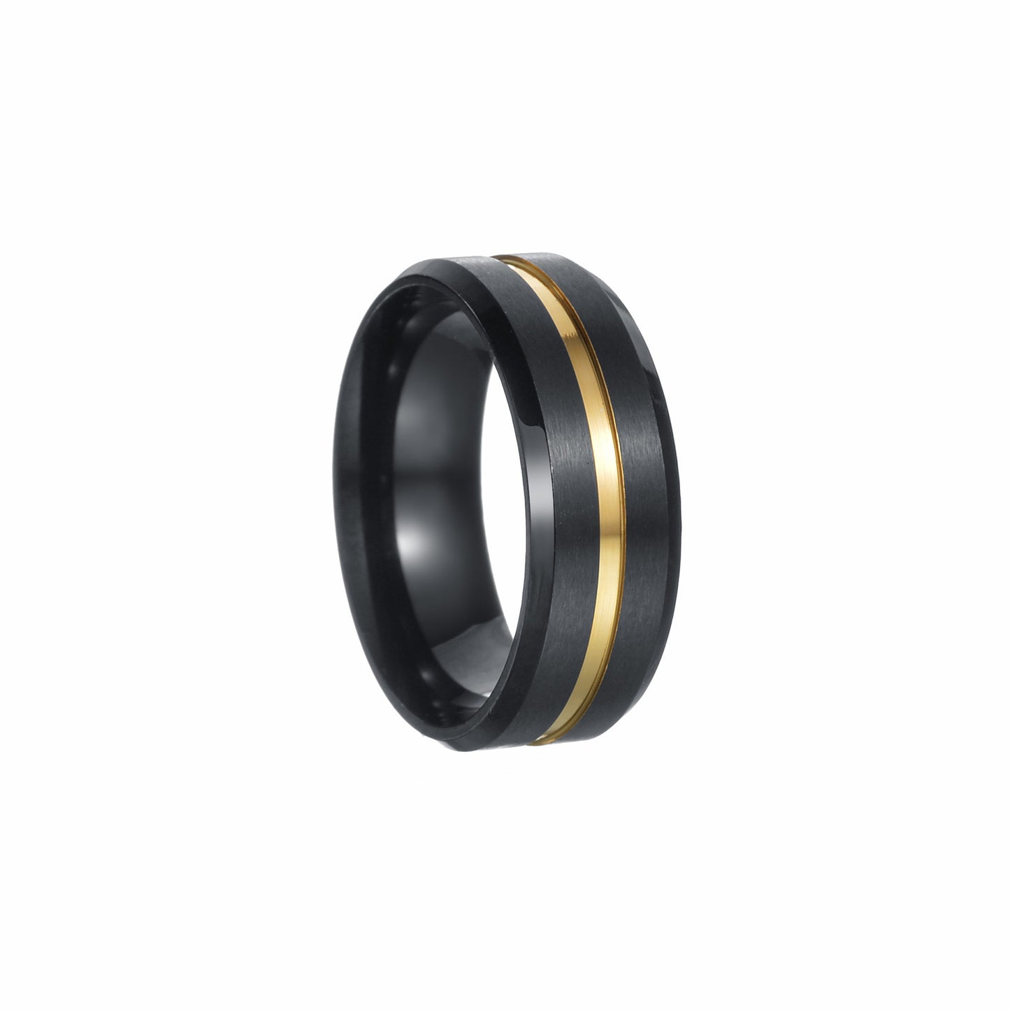 Elegant European and American Men's Stainless Steel Ring with Black and Gold Electroplating, 8mm Hand Ornament