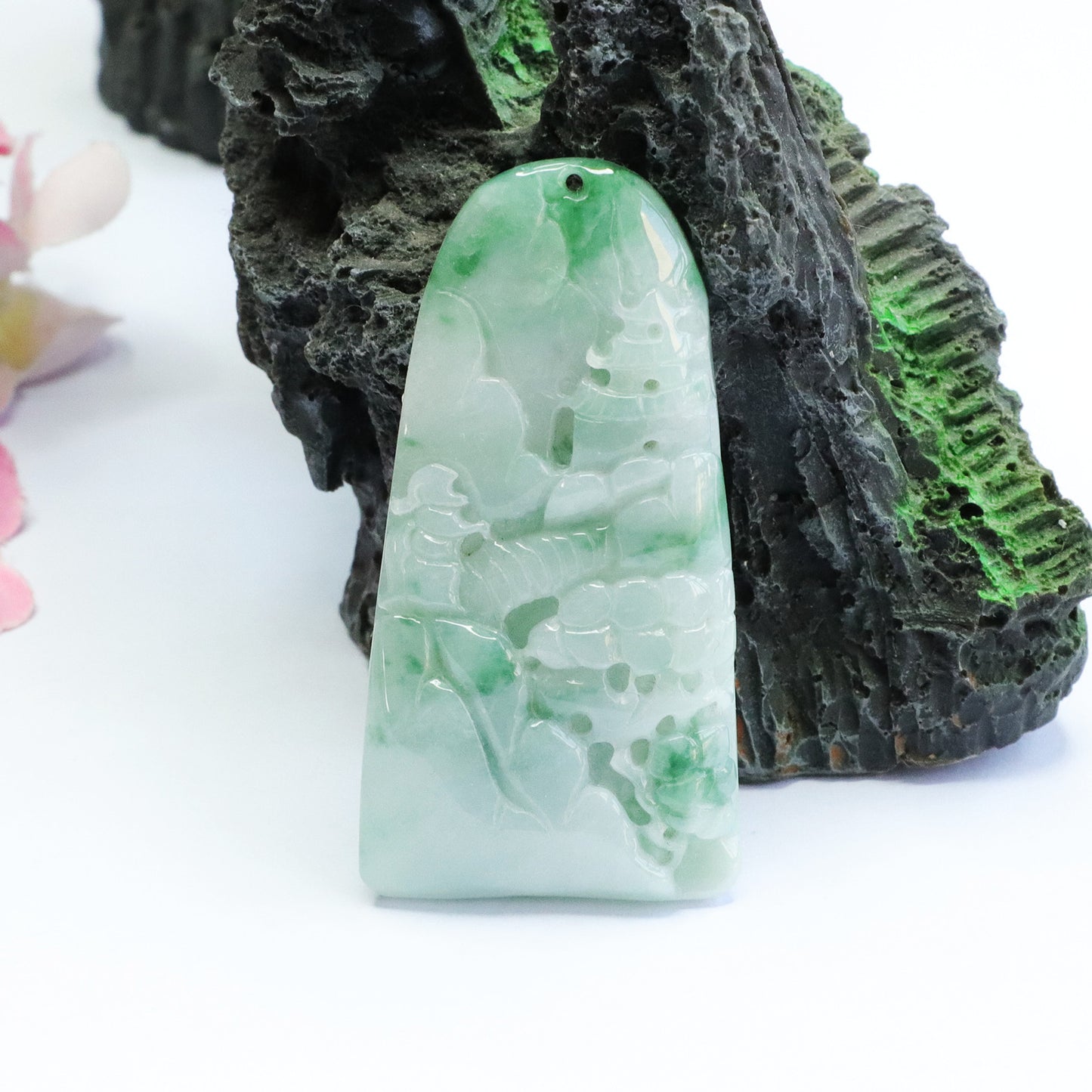 Jade Landscape Fortune's Favor Pendant with Sterling Silver Needle