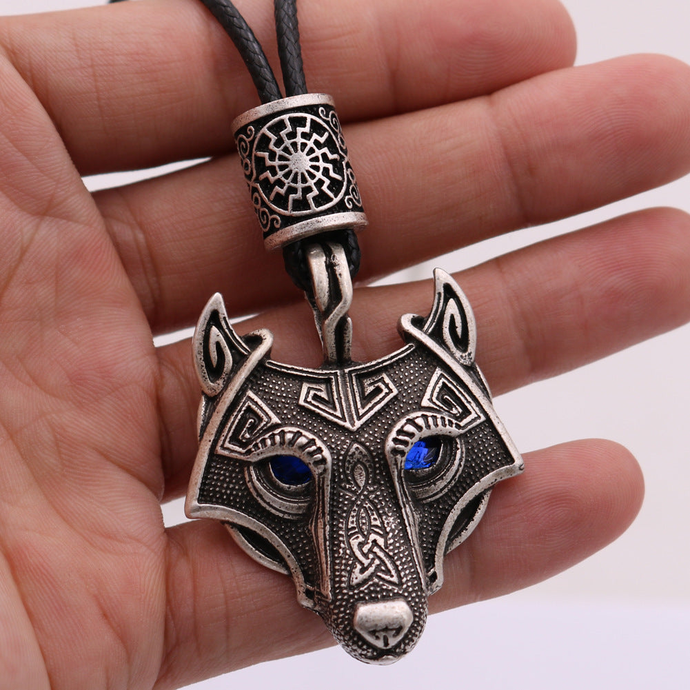 Viking Wolf Head Necklace with Celtic Knot Rune Beads for Men from Norse Legacy Collection