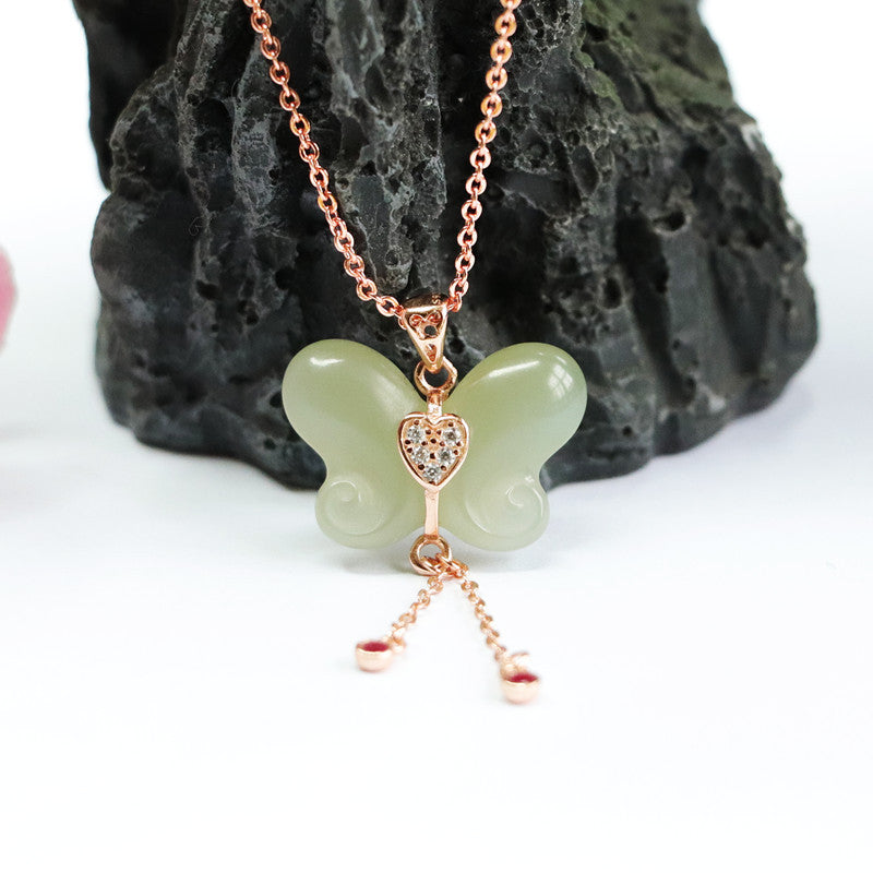 Butterfly Jade Tassel Necklace with Zircon Accent