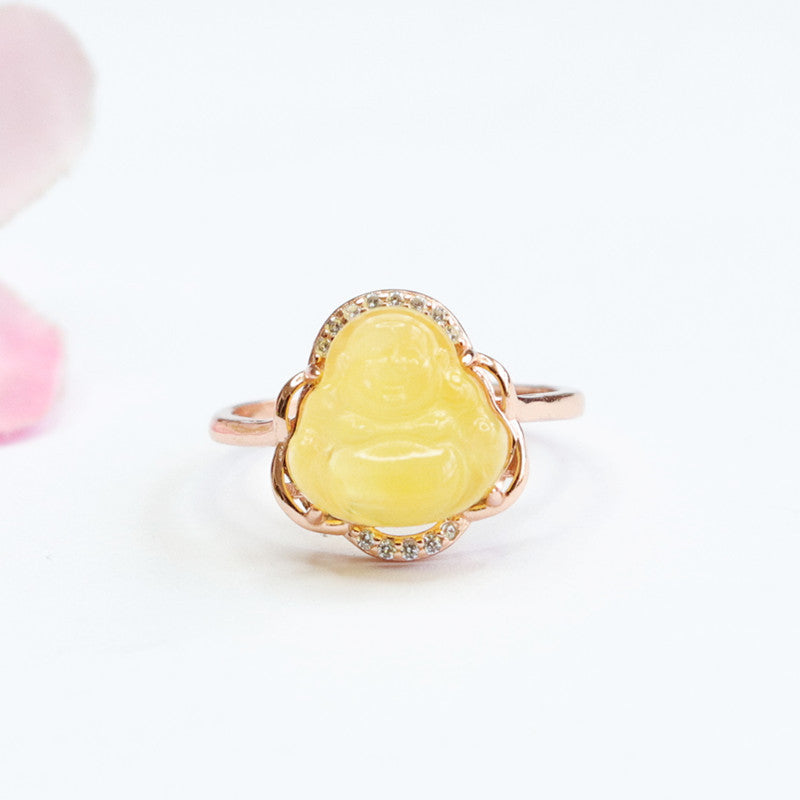 S925 Sterling Silver Adjustable Buddha Ring with Beeswax Amber