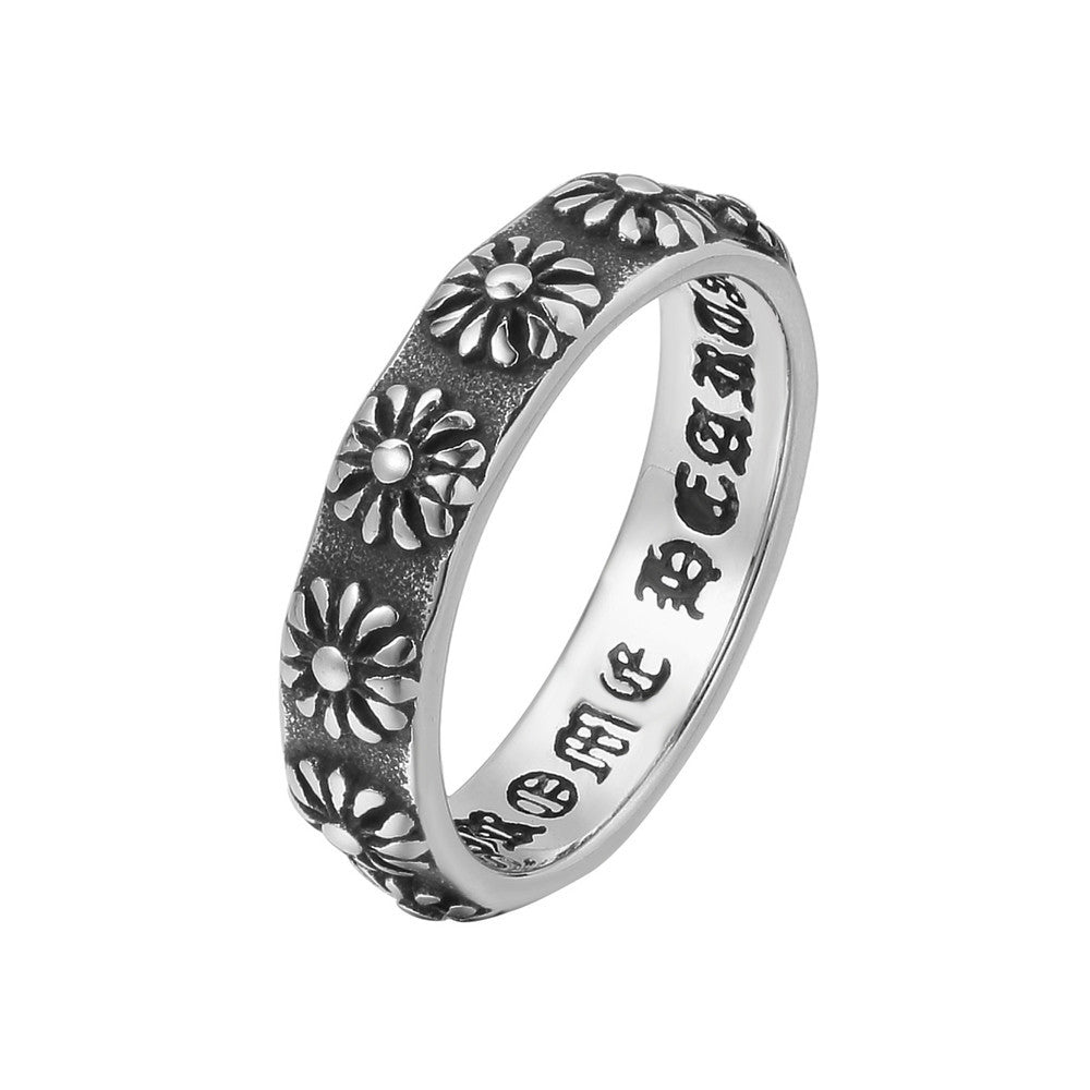 Row of Relief Flower Titanium Steel Ring for Men