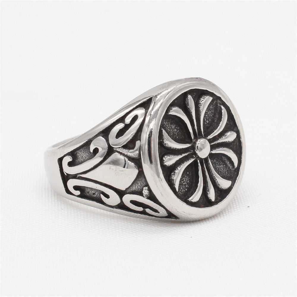 Cross Flower Round Disk Titanium Steel Ring for Men