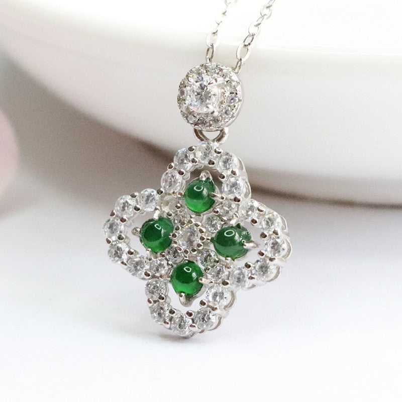 Imperial Green Jade Four-Leaf Clover Necklace with Zircon Accents in Sterling Silver