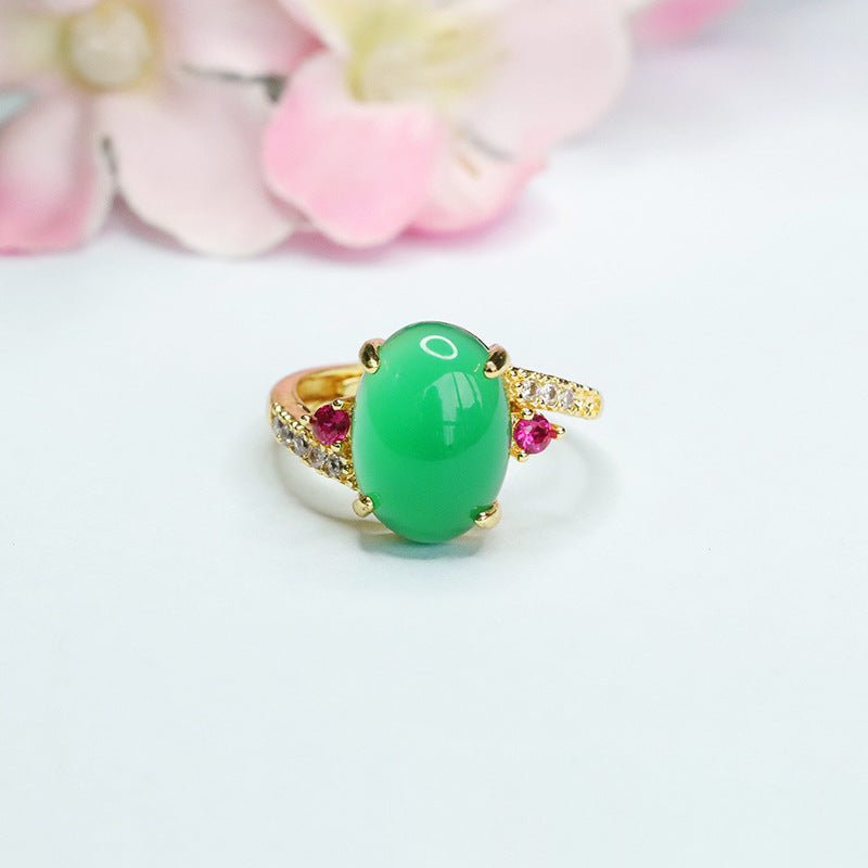 Imperial Green Chalcedony Zircon Ring with Sterling Silver