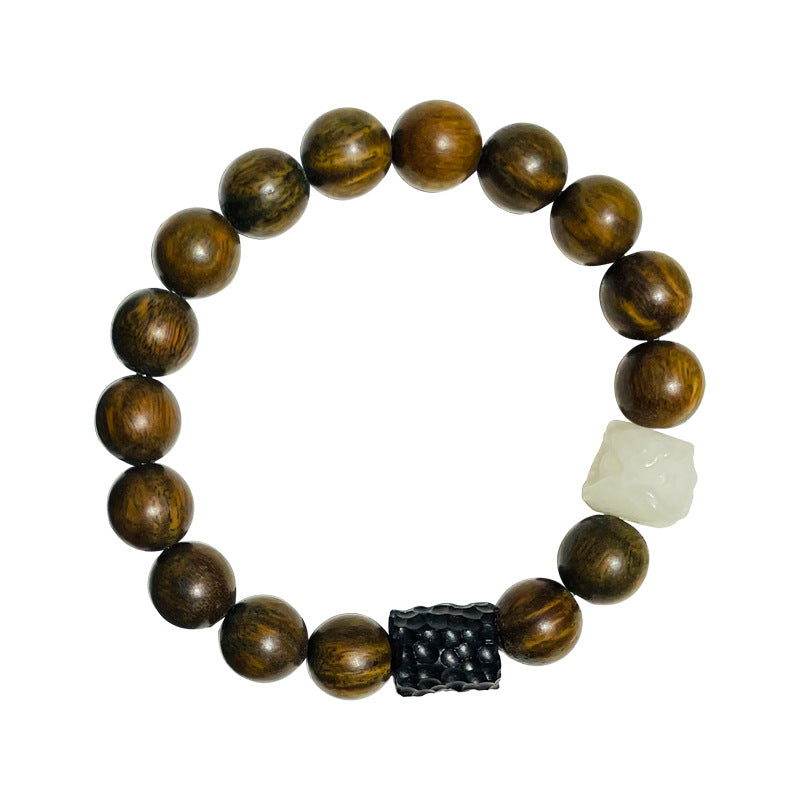 Elegant Retro Style Sterling Silver Bracelet with Natural Sandalwood and Jade