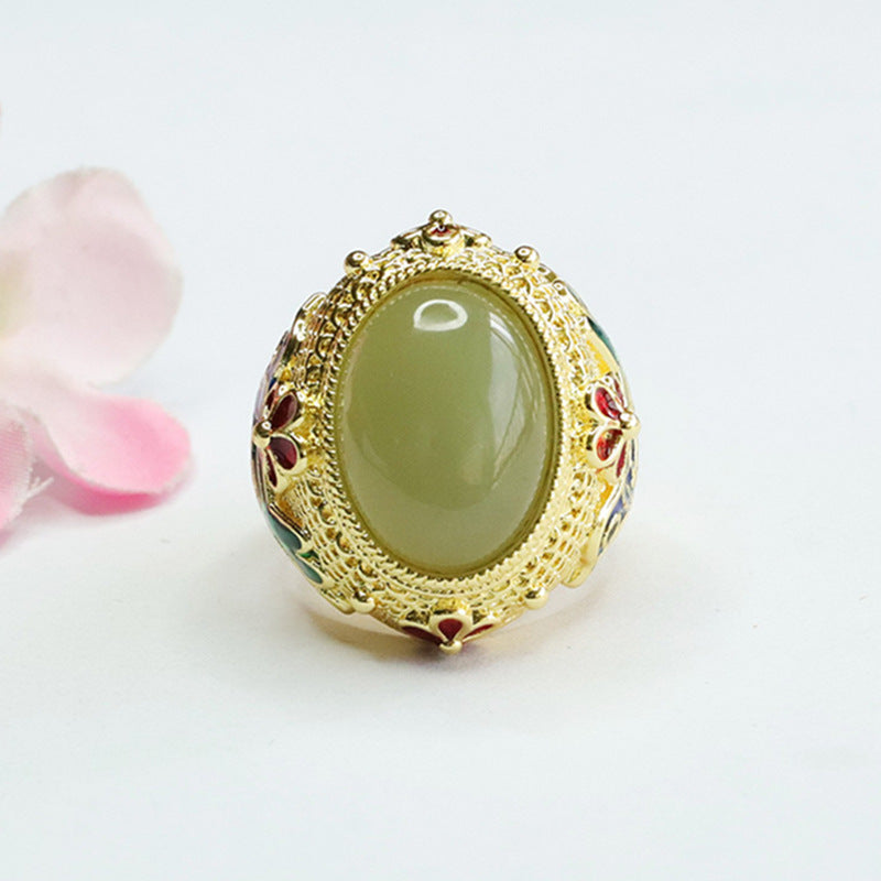 Colourful Flower Bird Pattern Ring with Authentic Hetian Jade and Sterling Silver