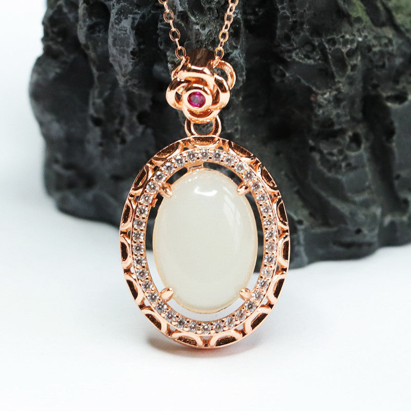 Halo Rose Zircon White Jade Oval Necklace crafted with Hetian Jade