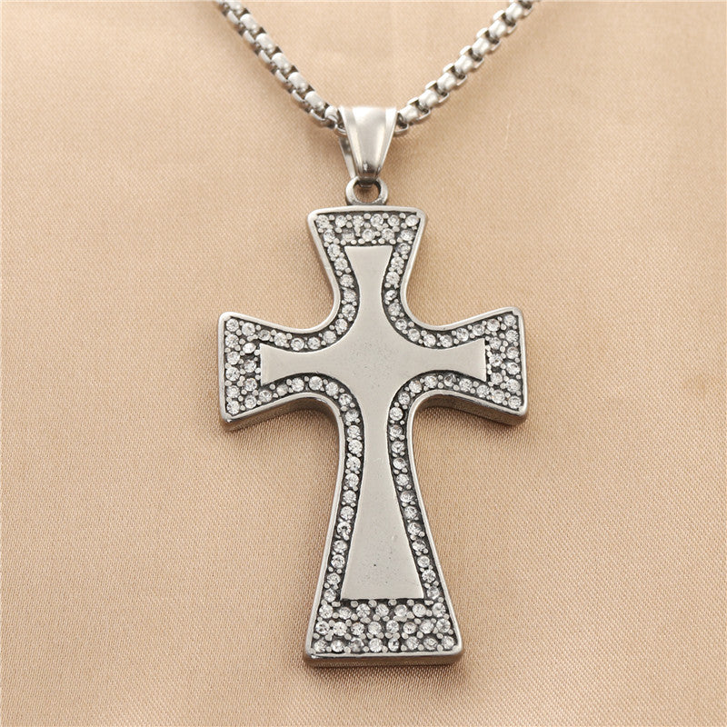 Personalized Titanium Steel Cross Pendant Necklace for Men - Retro Punk Style with Stone Accent