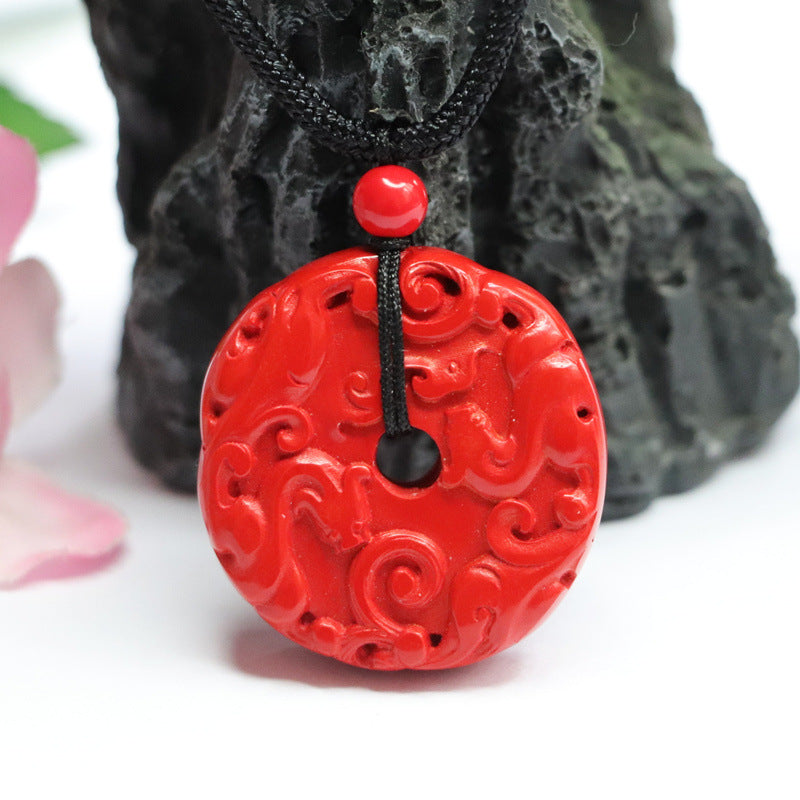 Cinnabar Double-sided Carved Ancient Dragon Safety Buckle Pendant