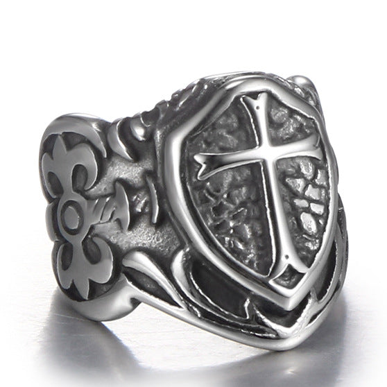 Bold Cross Shield Titanium Steel Ring for Men – Retro Personalized Fashion Accessory